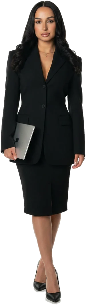 Stylist in a black suit holding a tablet