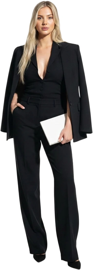 Stylist in a black suit with a blazer draped over her shoulders