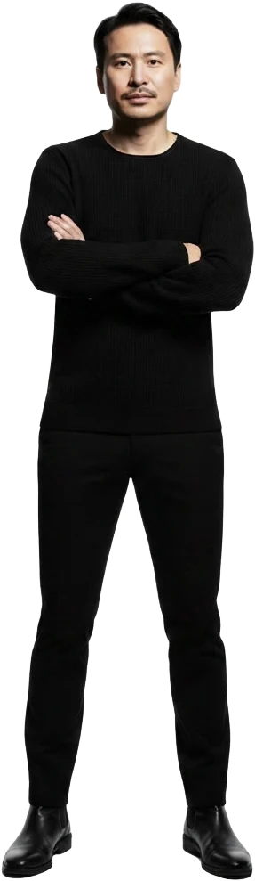 Stylist in a black knit sweater and trousers